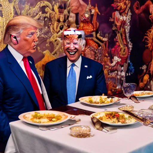 Image similar to Trump and Biden having dinner at a fancy Balinese restaurant, award winning photography, 85mm, perfect faces, zoom