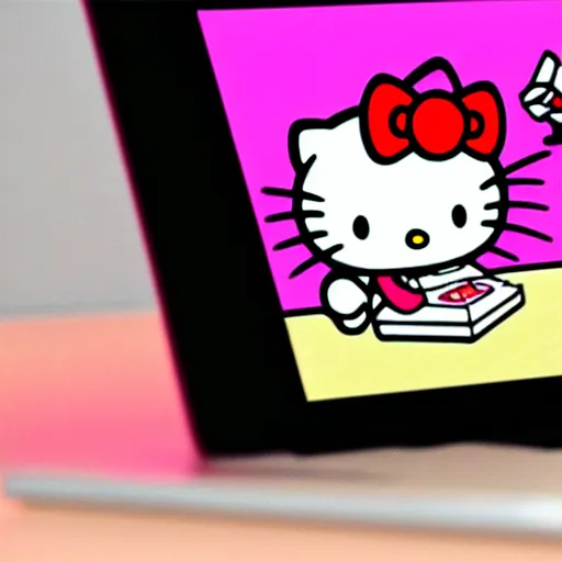 Prompt: oriental water painting of hello kitty programming on a macbook during the song dynasty