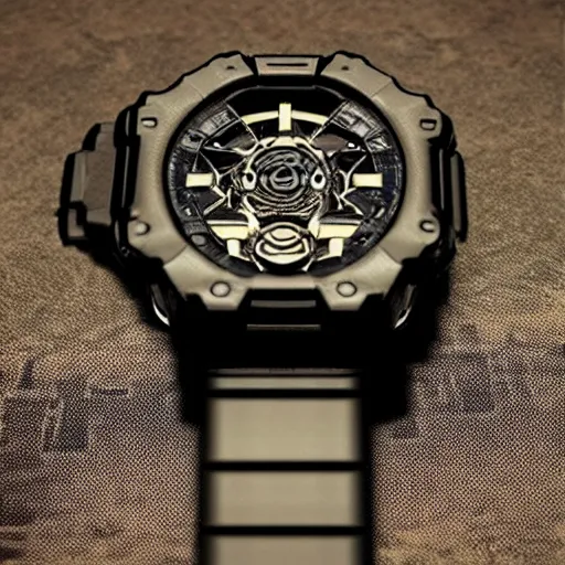 Image similar to a perfectly detailed gshock watch concept steampunk, metaverse, cyberpunk