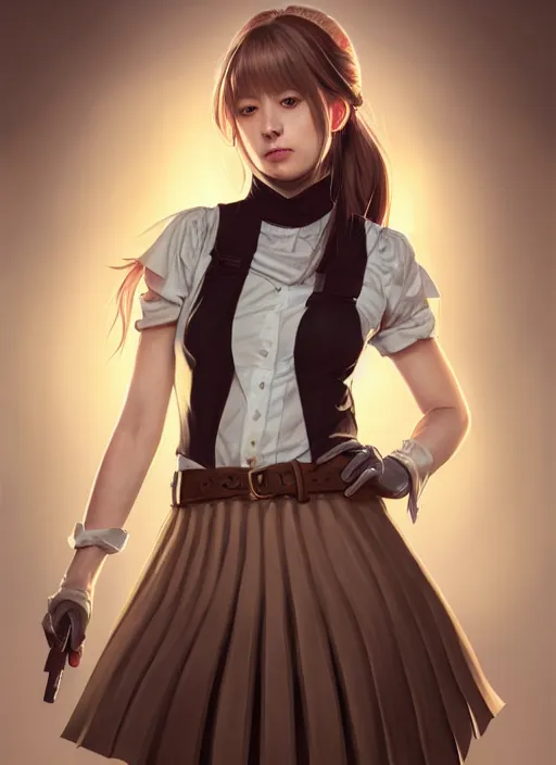 Image similar to portrait of a full body of beautiful young female detective, d & d, sleeveless turtleneck, pleated skirt, fantasy, flat lighting, intricate, highly detailed, digital painting, artstation, concept art, smooth, sharp focus, illustration, misa amane, art by simon bisley and greg rutkowski and alphonse mucha, natural tpose