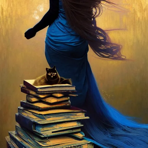 Image similar to A girl in a blue dress standing over a pile of books with golden locks down her back and a black cat at her feet, face, fantasy, intricate, elegant, highly detailed, digital painting, artstation, concept art, smooth, sharp focus, illustration, art by Krenz Cushart and Artem Demura and alphonse mucha