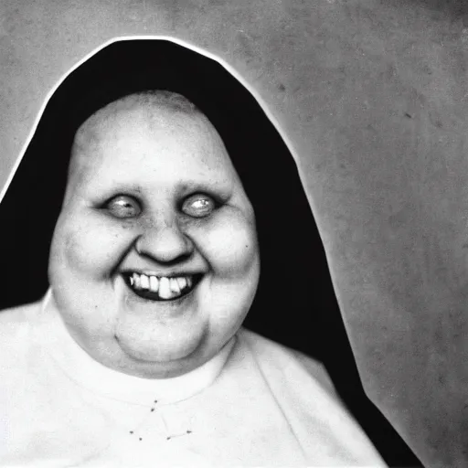 Image similar to antique photograph of an evil catholic nun, cracked and faded photo paper, morbidly obese, crazy eyes wide open, horror, staring at the camera, evil smile, sharp teeth, headshot, dark background, low light, dark