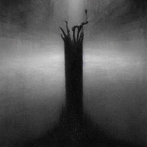 Image similar to dark atmosphere foggy landscape with a strange monster legs like a spider in The back dramatic lighting horror Beksinski