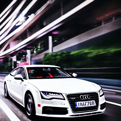 Prompt: photo of a audi a 7 at night driving fast through a city, cinematic, 4 k, long exposure photography, tokyo drift, fast and furious, kodak portra 4 0 0