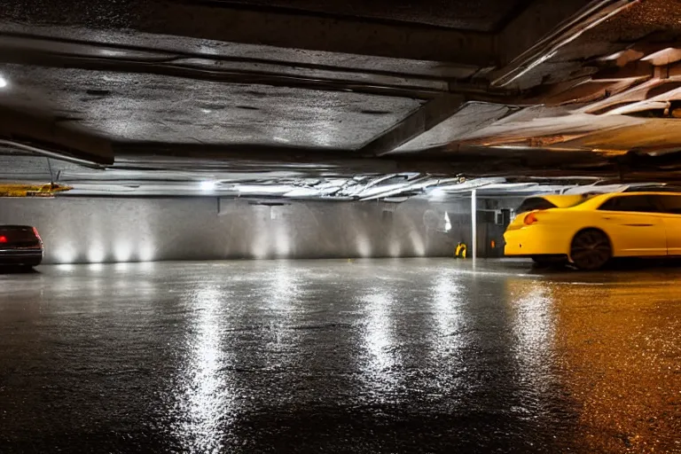 Prompt: views of underground car garage, new york downtown covered with rain, dark lighting, photo real