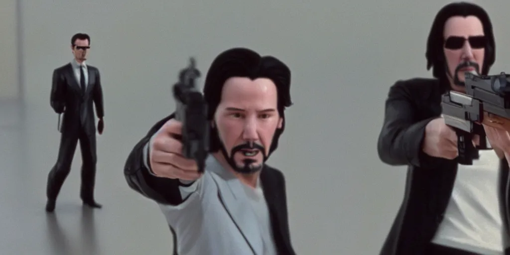 Prompt: beautiful hyperrealism three point perspective film still of Keanu Reeves as neo aiming two uzi at agent smith in a nice oceanfront promenade motorcycle chase scene in Matrix meets tintin(1990) extreme closeup portrait in style of 1990s frontiers in translucent porclein miniature street photography seinen manga fashion edition, miniature porcelain model, focus on face, eye contact, tilt shift style scene background, soft lighting, Kodak Portra 400, cinematic style, telephoto by Emmanuel Lubezki