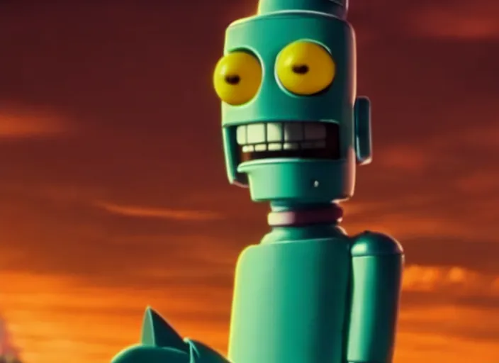 Prompt: film still of bender in the futurama live action movie, 4 k
