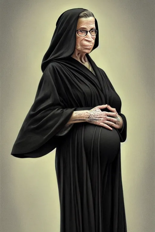 Image similar to pregnant ruth bader ginsburg in a thin black robe, realistic portrait, symmetrical, highly detailed, digital painting, artstation, concept art, smooth, sharp focus, illustration, cinematic lighting, art by artgerm and greg rutkowski and alphonse mucha