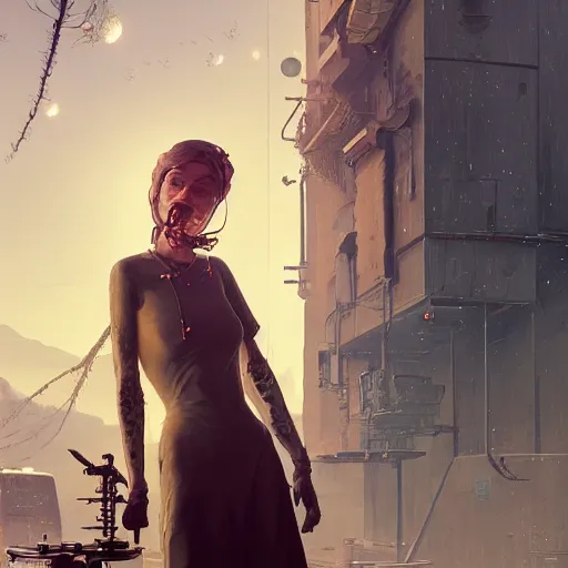 Image similar to highly detailed portrait, a woman with robotic parts, in gta v, stephen bliss, unreal engine, fantasy art by greg rutkowski, loish, rhads, ferdinand knab, makoto shinkai and lois van baarle, ilya kuvshinov, rossdraws, tom bagshaw, global illumination, radiant light, detailed and intricate environment