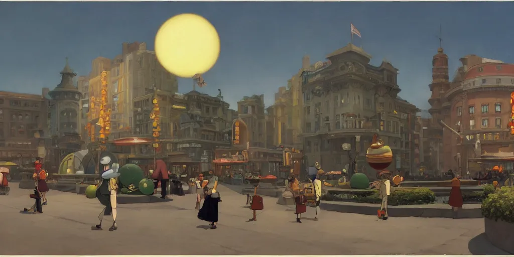 Image similar to A large radiant spherical object lights up an immense city square, dieselpunk, by Studio Ghibli and Edward Hopper