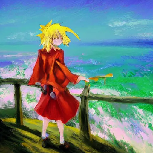 Prompt: Very abstract impressionist painting of Kirisame Marisa from the Touhou project on a cliff looking calmly at the sea, wide strokes, pastel colors, touhou project official artwork, danbooru, oil painting by Antoine Blanchard, wide strokes, pastel colors, soft lighting sold at an auction