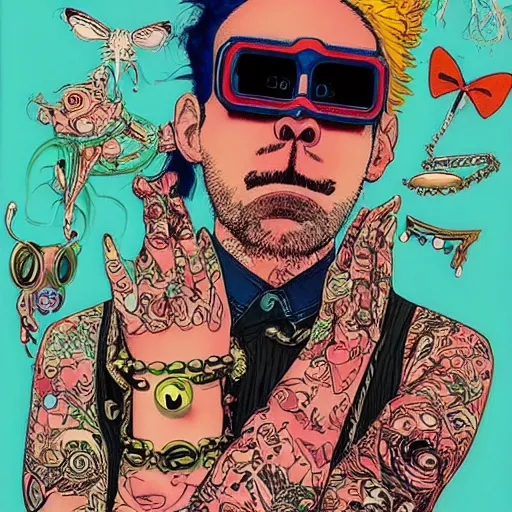 Image similar to a eccentric goth guy wearing goggles and eclectic jewelry, small details, aesthetic!!!, by harumi hironaka, by moebius, by geof darrow, by jamie hewlett,