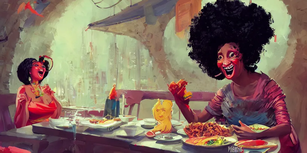 Image similar to cartoonish celia cruz eating dinner, vivid colors, character sheet, fine details, concept design, contrast, kim jung gi, greg rutkowski, enki bilal, trending on artstation, 8 k, full body, turnaround, front view, back view, ultra wide angle