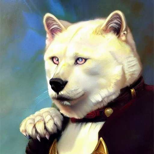 Image similar to a portrait of a manly bear dog white cat feline, blue eyes, star trek the next generation. highly detailed painting by gaston bussiere, craig mullins, j. c. leyendecker, furry