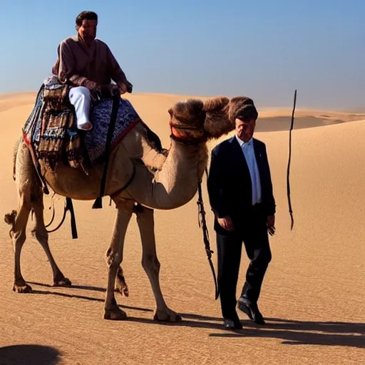 Image similar to matteo renzi crossing the desert on a camel with snoop dogg