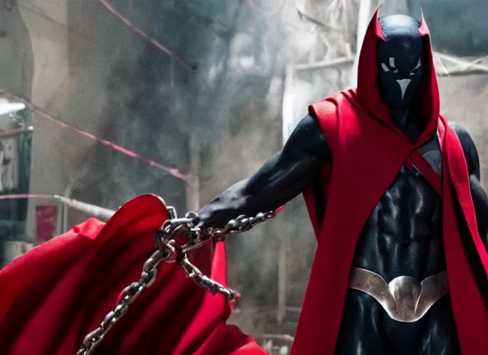 Image similar to film still of michael b jordan as spawn in the new spawn movie, giant chains, large cape, 8 k