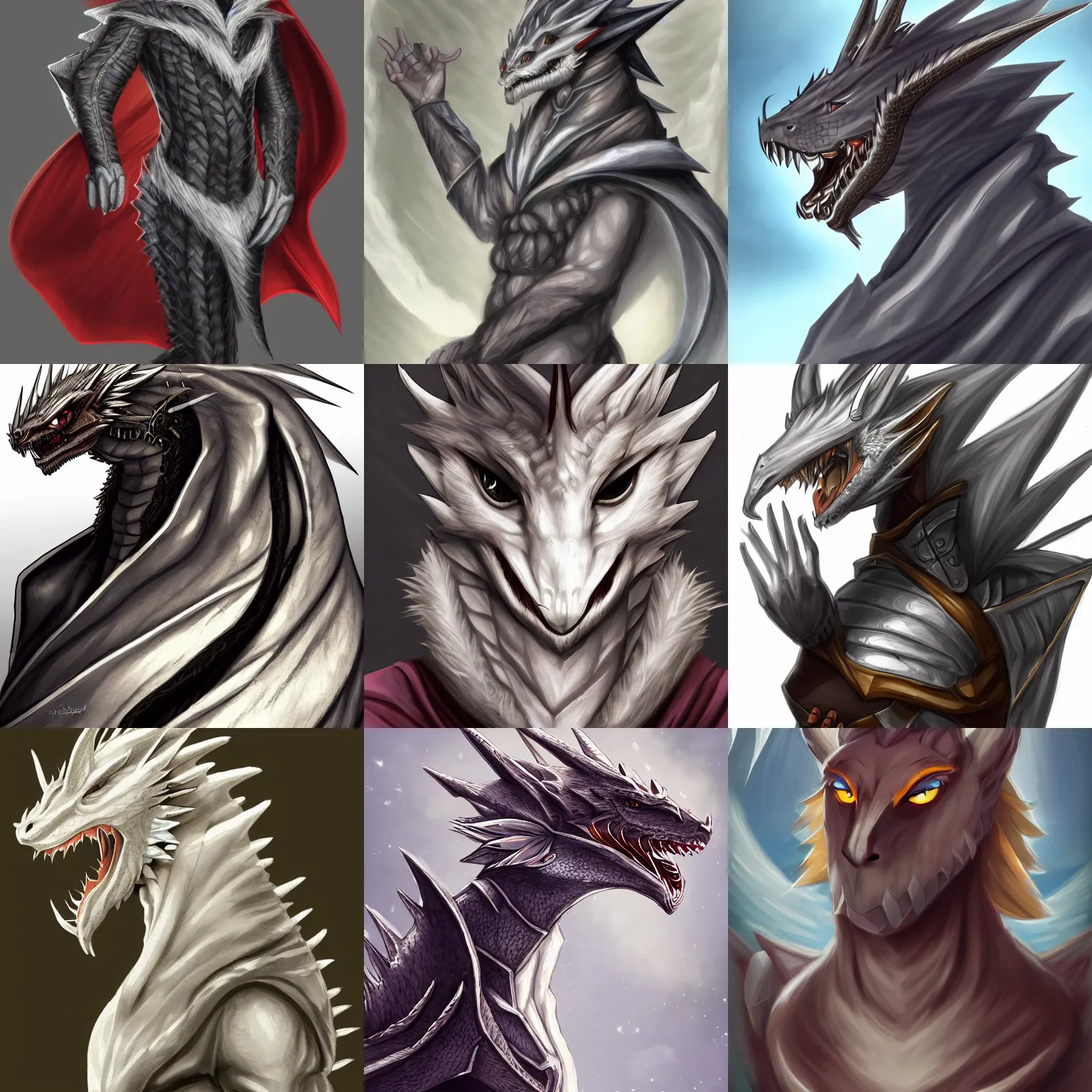 Image similar to very very beautiful half body side angle portrait of a handsome young anthropomorphic silver dragon, soft draconic features, cute eyes, wearing a luxurious silk cloak, commission on furaffinity, artstation, high quality digital art, warm colors