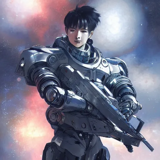 Image similar to manhwa character, armored, beautiful stars, cybernetic, sci-fi space game art, jeon Jungkook holding a gun. alien planet art by Akihito Yoshitomi AND Yoji Shinkawa AND Greg Rutkowski, Mark Arian trending on artstation