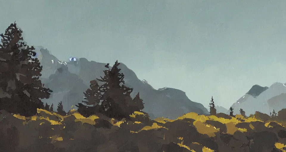 Image similar to a beautiful landscape with trees and mountains, by ashley wood