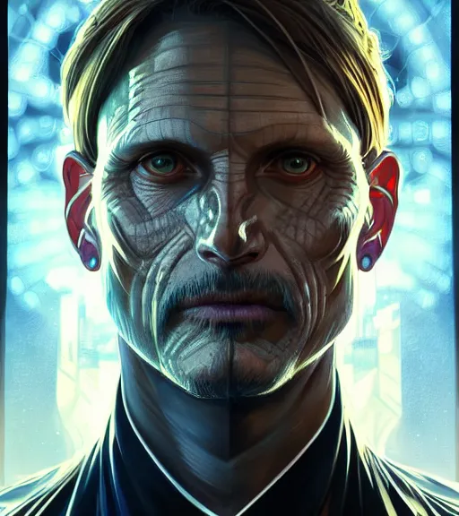 Image similar to symmetry portrait of viggo mortensen cyberborg ultra detailed, intricate, anime, dynamic lighting, digital art, digital painting, art station, wlop, sharp focus, illustration, art by artgerm and greg rutkowski and alphonse mucha