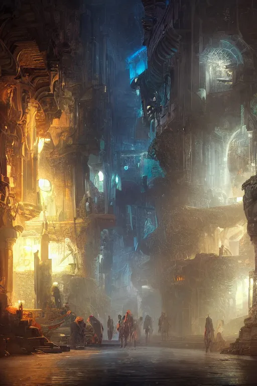 Image similar to inside the street of the city of atlantis, powerfull, intricate, elegant, volumetric lighting, digital painting, highly detailed, artstation, sharp focus, illustration, concept art, ruan jia, steve mccurry