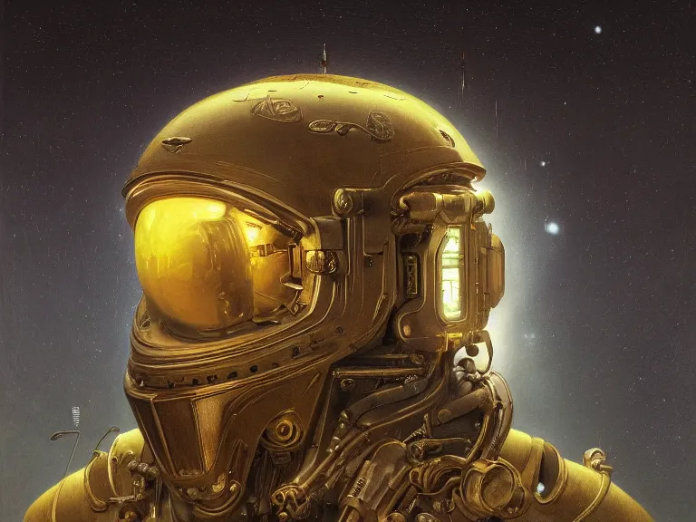 Prompt: a detailed profile oil painting of a humanoid with reflective visor, flight suit, portrait symmetrical and science fiction dieselpunk theme with aurora lighting by beksinski carl spitzweg and tuomas korpi. baroque elements, full-length view. baroque element. intricate artwork by caravaggio. Trending on artstation. 8k