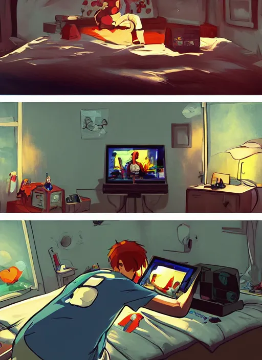 Image similar to video gamecore, gamecore, gamercore pop art of a man playin playstation 5 on his bedroom at night, cinematic perspective, studio ghibli, pop art, trending in artstation, behance, deviantart