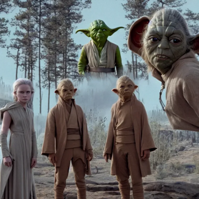 Prompt: film still from a star wars movie made by wes anderson, yoda and luke skywalker, in the style of wes anderson