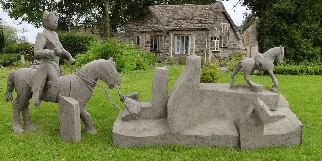 Image similar to folk art carved concrete statue of a horse rearing up, in an english cottage garden