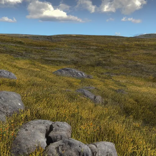 Prompt: a hilly area replete with smooth dark rocks. It's also replete with trees and wildflowers. You can see a bog in the distance. The temperature is cool and the sky is mostly clear. 4k, photorealistic, highly detailed,