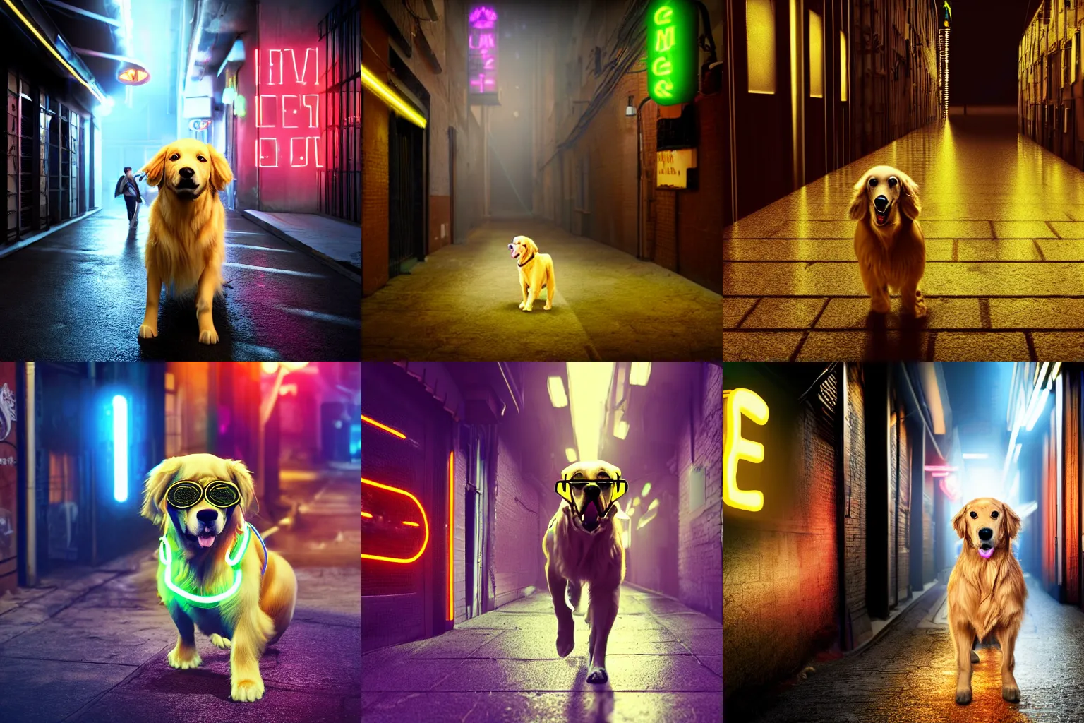 Prompt: a golden retriever with goggles in a dark alley with neon signs, in a futuristic world, hyperrealistic, VFX render