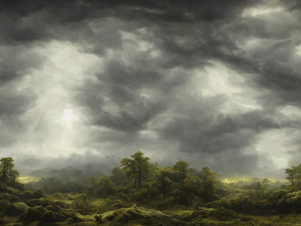 Prompt: detailed landscape, forests. very detailed dark super storm, hyper realistic clouds, impressive, magical, very atmospheric, smoke boiling, cinematic, deep, very high complexity, stunning, masterpiece, chiaroscuro, in the style of caspar david friedrich and laura den hertog, very detailed. 4 k