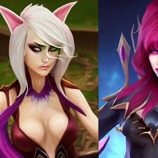 Image similar to league of legends characters, xayah and kai'sa, hyperrealistic