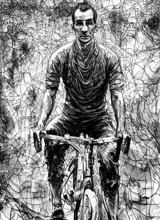 Image similar to portrait, Albert Hofmann on his first bicycle ride on lsd, Using Stable Diffusion to paint, watercolor, dramatic lighting, cinematic establishing shot, extremly high detail, foto realistic, cinematic lighting, pen and ink, intricate line drawings, by Yoshitaka Amano, Ruan Jia, Kentaro Miura, Artgerm, post processed, concept art, artstation, matte painting, style by eddie mendoza, raphael lacoste, alex ross