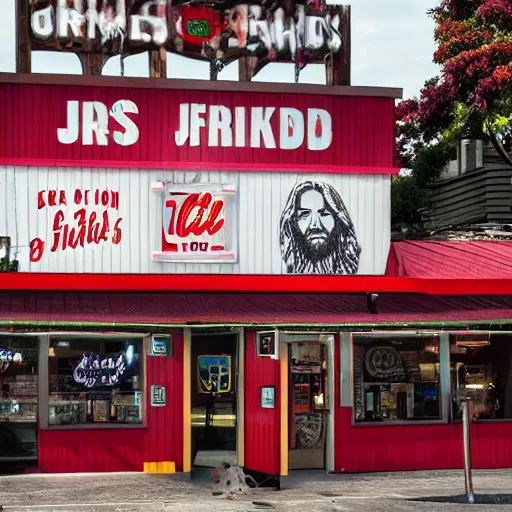 Prompt: JFC, a Jesus Christ themed fried chicken restaurant, photo, detailed, 4k