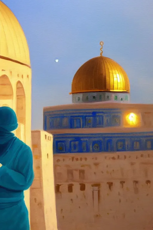 Image similar to a beautiful painting of dome of the rock jerusalem and f a muslim is praying in front of it, trending on artstation