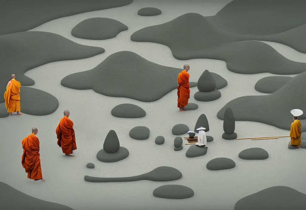 Image similar to monks tending a zen garden kyoto, japan, a collage painting, in the style of wes anderson, lola dupre, david hockney, isolated on negative white space background dark monochrome fluorescent neon spraypaint accents volumetric octane render