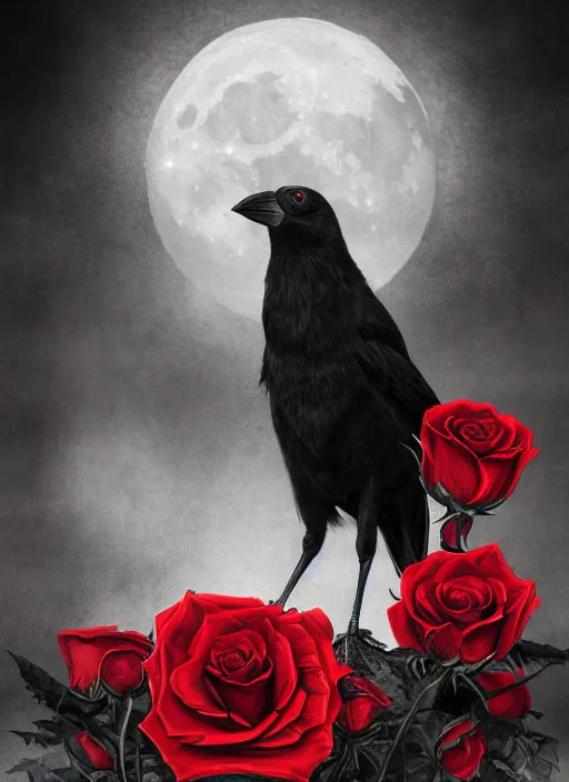 Image similar to portrait, A crow with red eyes in front of the full big moon, book cover, red roses, red white black colors, establishing shot, extremly high detail, foto realistic, cinematic lighting, pen and ink, intricate line drawings, by Yoshitaka Amano, Ruan Jia, Kentaro Miura, Artgerm, post processed, concept art, artstation, matte painting, style by eddie mendoza, raphael lacoste, alex ross