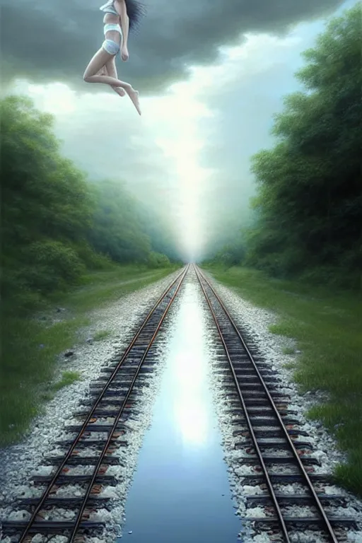 Prompt: reflective water submerges invisible underwater train tracks as a barefoot girl carries her shoes, there is a train station in the distance and large white clouds on a wide horizon, intricate, elegant, highly detailed, digital photo, artstation, concept art, smooth, sharp focus, low angle photo, art by artgerm and greg rutkowski and fra angelico
