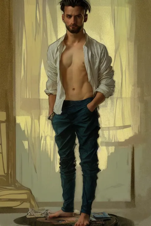 Image similar to full body portrait of a single beautiful young fit man, modern haircut, open shirt, large pants, bare feet, by greg rutkowski and alphonse mucha, d & d character, in front of a modern room background, highly detailed portrait, digital painting, artstation, concept art, smooth, sharp focus ilustration, artstation hq