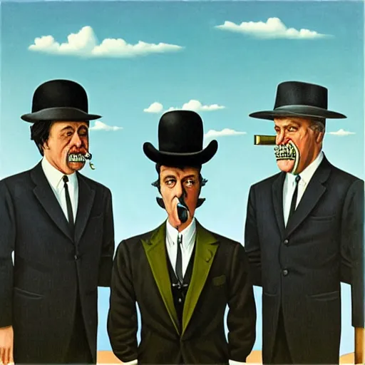 Image similar to cash rules everything around me, Alec monopoly, René Magritte, guy billout