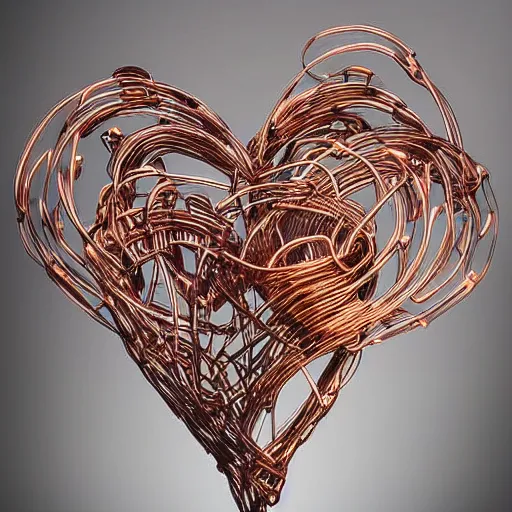 Image similar to photo of a beautiful organic sculpture made of copper wires and pipes in the shape of a human heart. studio lighting, high resolution