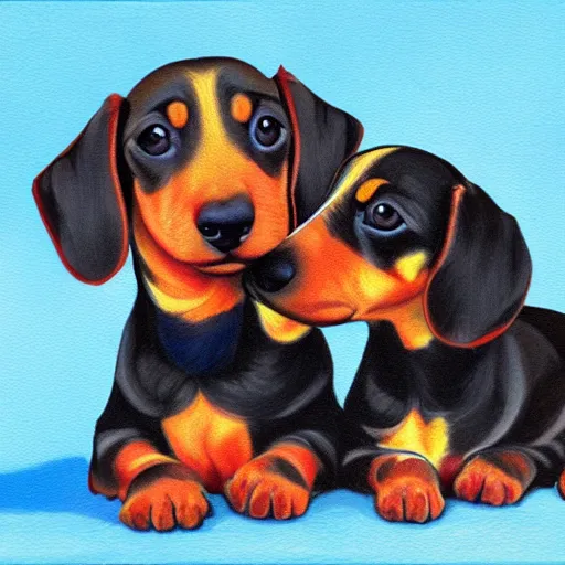 Prompt: color painting of dachshund puppies cuddling together