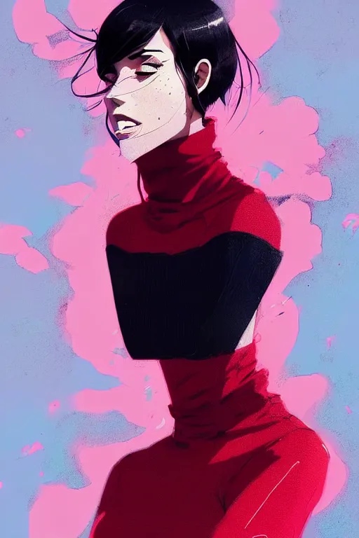 Image similar to a ultradetailed painting of a stylish woman wearing a turtleneck by conrad roset, greg rutkowski and makoto shinkai trending on artstation