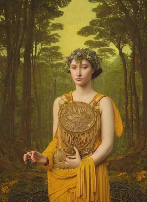 Image similar to intricate oil painting portrait by John William Godward and Anna Dittman and Laurie Greasley and Victo Ngai and Taro Okamoto and Caspar David Friedrich depicting a female fantasy priestess in a bright temple surrounded by yellow spring forest and dead trees, evening, atmospheric lighting, intricate detail, cgsociety, hyperrealistic, octane render, RPG portrait, ambient light, dynamic lighting