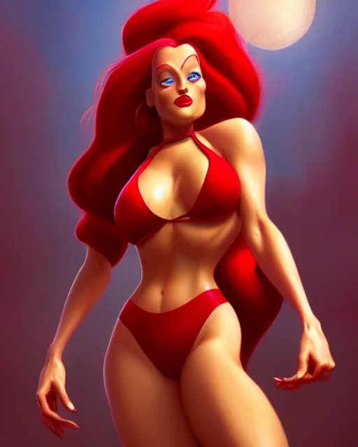Prompt: jessica rabbit, perfect face, red halter top, flowing ginger hair, abs, cinematic, stunning, athletic, strong, agile, highly detailed, psychedelic, digital painting, artstation, smooth, hard focus, illustration, art by jessica rossier and and brian froud