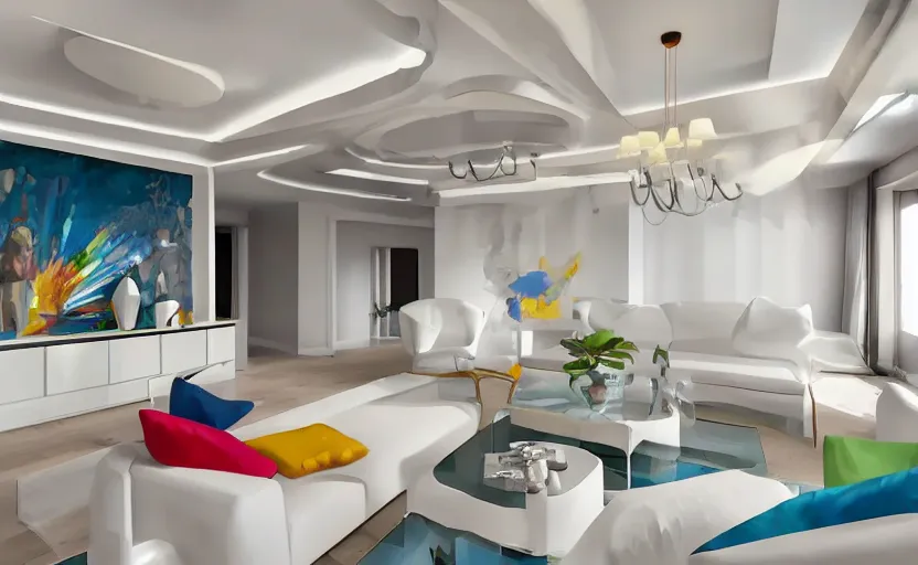 Prompt: Interior shot of a white boujee mansion with modern colorful furniture, very coherent,painted by DotPigeon airbrush
