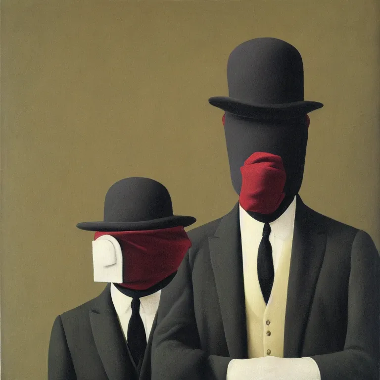 Prompt: portrait of man in a suit with covered face by rene magritte, detailed painting, hd, hq, high resolution, high detail, 4 k, 8 k