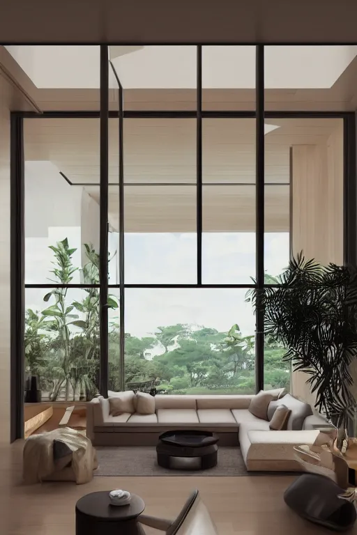 Image similar to isometric interior of luxury condominium with minimalist furniture and lush house plants | modern architecture by makoto shinkai, ilya kuvshinov, lois van baarle, rossdraws and frank lloyd wright