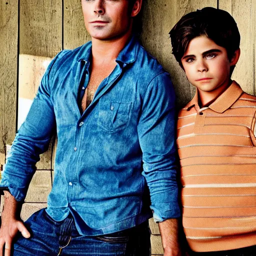 Image similar to zac efron and john stamos as father and son, vogue magazine, dramatic light, photoshoot,